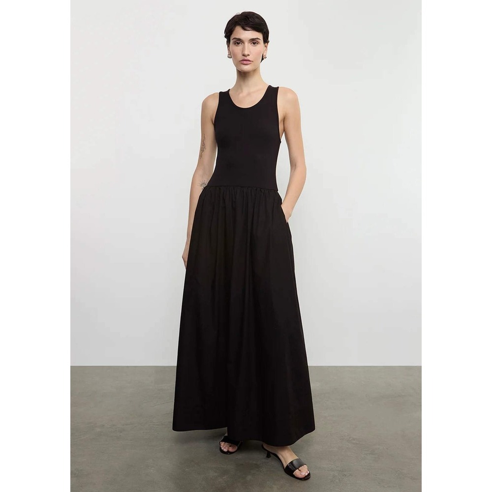 ENZA COSTA Resort Tank Dress Womens Large Black Ribbed Knit Maxi Racerback NEW